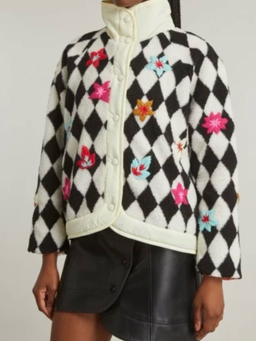 TACH Ivette Sherpa Jacket B&W with Multicolor Floral Embroidery